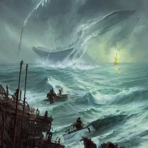Prompt: rough sea destroying ships, tentacles rising from the sea, magic the gathering art, art by greg rutkowski, fantasy rpg, league of legends