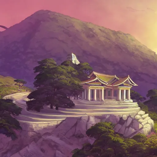 Image similar to concept art painting of a white marble temple on top of a mountain, with greek and japanese architecture, overlooking a valley with a village below, realistic, detailed, cel shaded, in the style of makoto shinkai and greg rutkowski and albert bierstadt and james gurney