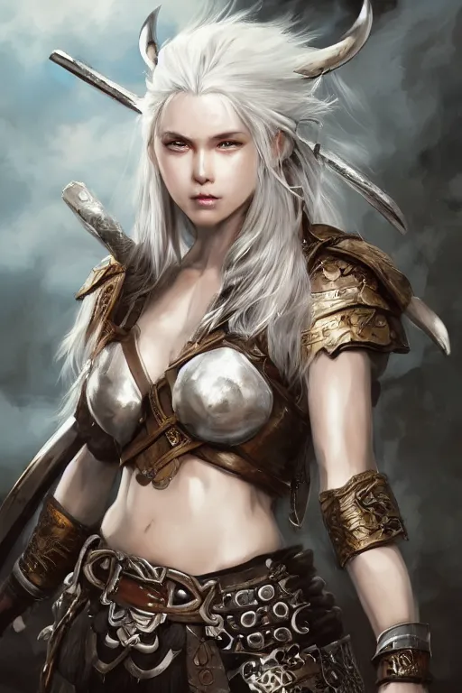 Image similar to A realistic anime portrait of a beautiful white haired female barbarian wearing an intricate viking armor, digital painting, by Stanley Artgerm Lau, Sakimichan, WLOP and Rossdraws, digital painting, painterly, Pixiv, Deviantart, golden ratio, rule of thirds, good composition, HD, 8k, award winning, promo art, splash art, rpg, jrpg, dungeons and dragons, DND, trending on ArtStation