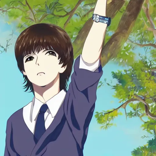 Image similar to anime illustration of young Paul McCartney from the Beatles, wearing a blue and white check shirt and watch, outdoors in Singapore, ufotable