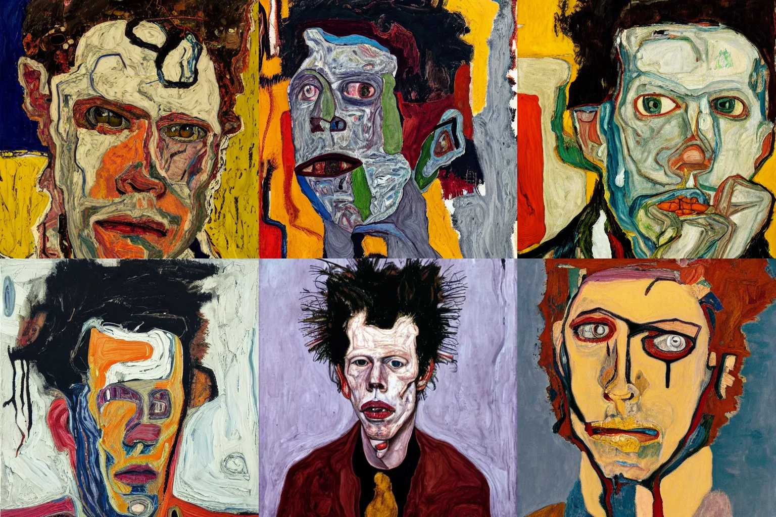 Prompt: oilpainting portrait of tom waits, in the style of lucian freud, by basquiat, by egon schiele