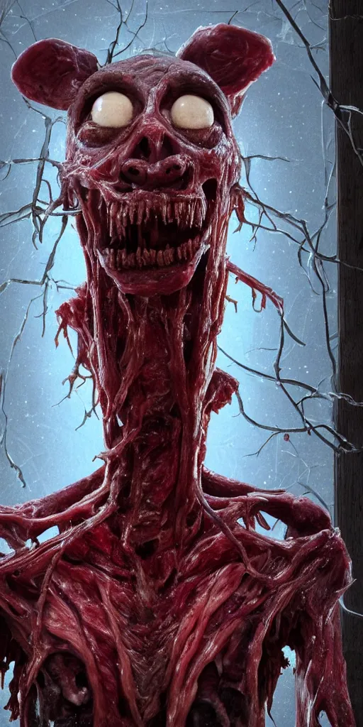 Image similar to smiling photorealistic ultra detailed humanoid creature made of decomposed bloody flesh and bones looking through the window, night, the woods, extremly detailed, 8 k, realistic, sharp focus, cosmic horror creature, cosmic horror, from the movie the thing, mysterious creature, bloody eyes, big eyes