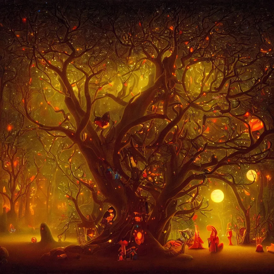 Prompt: closeup of a night carnival inside a magical tree cavity, with a surreal orange moonlight and fireworks, next to a lake with iridiscent water, christmas lights, folklore animals and people disguised as fantastic creatures in a magical forest by summer night, masterpiece painted by harry watrous, scene by night, dark night environment, refraction lights, glares