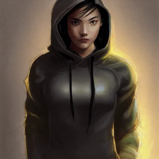 Prompt: portrait of cassandra cain wearing a hoodie, looking at camera, laying on bed!!, attractive, casual, modern, victoria's secret, highly detailed, digital painting, artstation, concept art, smooth, sharp focus, illustration, art by artgerm, greg rutkowski and alphonse mucha