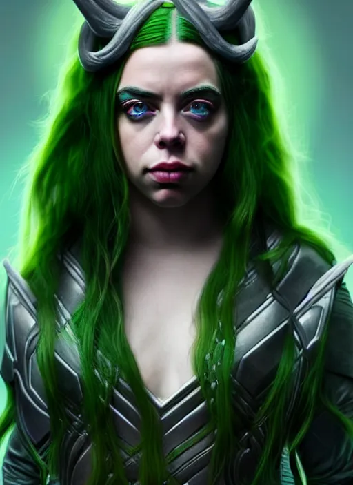 Image similar to Billie Eilish as Female Loki, Goddess of Mischief, sci fi, elegant, olive skin color, hyper realistic, hyper detail, very detailed, digital art, trending on artstation, smooth render, 8k octane render,