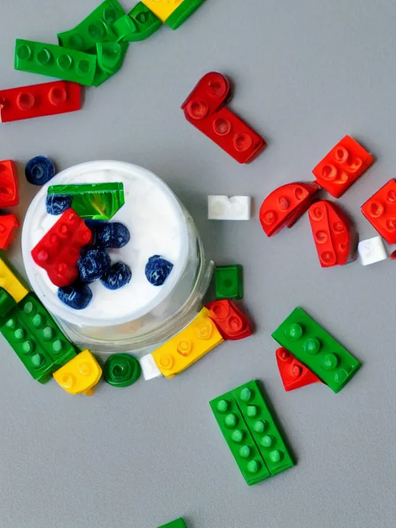 Image similar to miniature lego diorama of yogurt with fruits