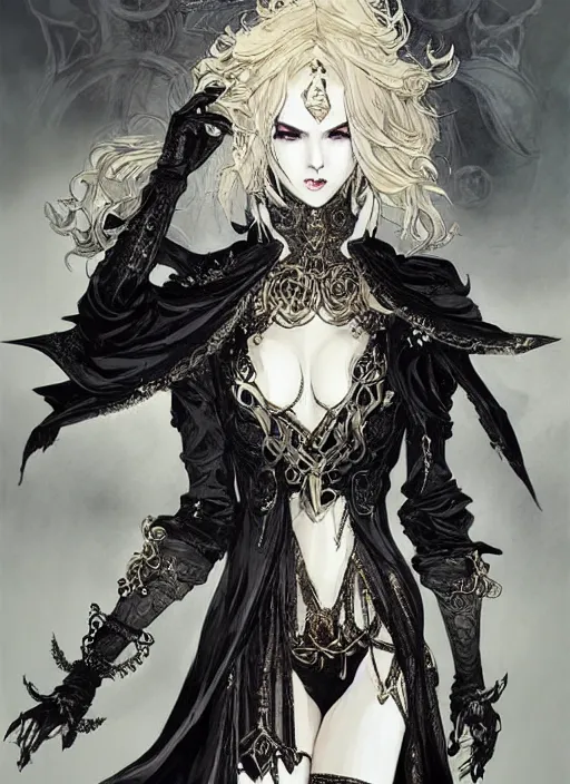 Prompt: beautiful human witch with blonde short curtly hair in intricate ornate witch robe, haughty evil look, witch hat. in style of yoji shinkawa and hyung - tae kim, trending on artstation, dark fantasy, great composition, concept art, highly detailed, dynamic pose.