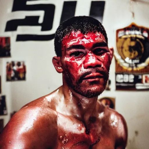 Image similar to close up portrait of boxer after boxing with brews blood sweating, photography photojournalism, very grainy image