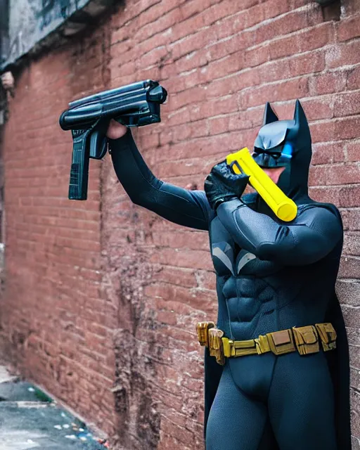 Image similar to happy batman firing super soaker water gun at playful criminals in an alleyway, everyone having fun, product advertisement, photography