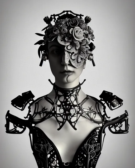 Image similar to monochrome 3 d model, 1 8 7 0 picture, silver mesh floral steampunk biomechanical beautiful young female cyborg with porcelain profile face and a techno eye, volumetric light, leaves foliage and stems, hibiscus flowers, sinuous fine roots, fine foliage lace, alexander mcqueen, rim light, big gothic fashion pearl embroidered collar, octane render, 8 k