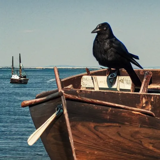 Prompt: a black bird standing at the helm of a wooden rowboat filled with people sailing towards a ancient sailboat