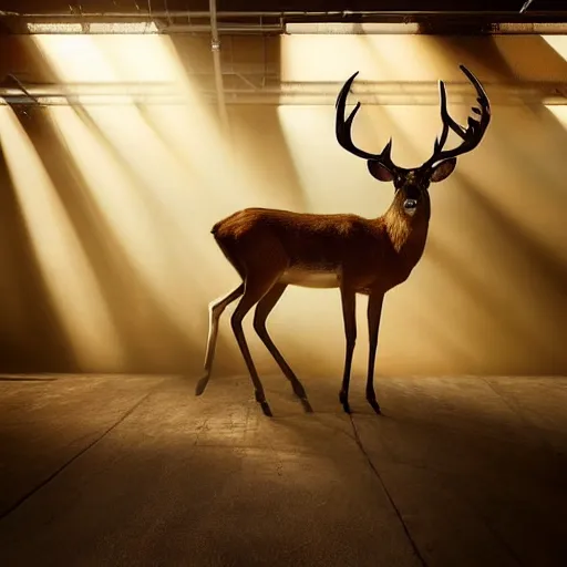Prompt: a great deer standing majestic in a large industrial room with small windows, golden light, smoke effect on the floor, backlit, insane details, hyperrealistic photo by jimmy nelson, trending on artstation