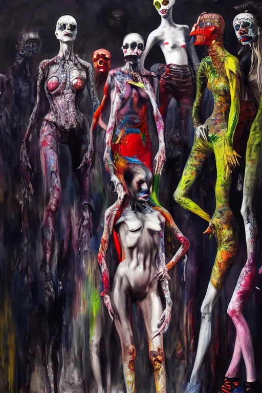 Image similar to crazy fashion catwalk, freak show, one model, crazy clothes, biopunk style, horror, hauntingly surreal, highly detailed painting by francis bacon, edward hopper, adrian ghenie, gerhard richter, and james jean soft light 4 k