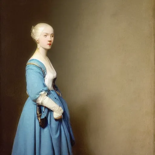 Image similar to a young woman’s face, her hair is white, she wears a cobalt blue cloak, by ivan aivazovsky and pieter claesz and paul delaroche and alma tadema and august malmstrom and and willen claesz heda and aelbert cuyp and gerard ter borch, contrapposto, hyperrealistic, volumetric light, rendered in octane, c4d