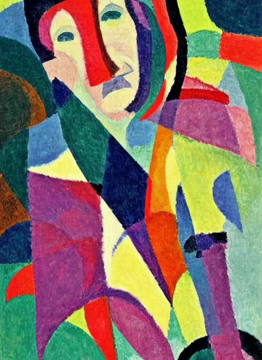 Prompt: an extreme close-up abstract portrait of a man enshrouded in an impressionist representation of Mother Nature and the meaning of life by Sonia Delaunay and Igor Scherbakov, abstract colorful lake garden at night, thick visible brush strokes, figure painting by Anthony Cudahy and Rae Klein, vintage postcard illustration, minimalist cover art by Mitchell Hooks