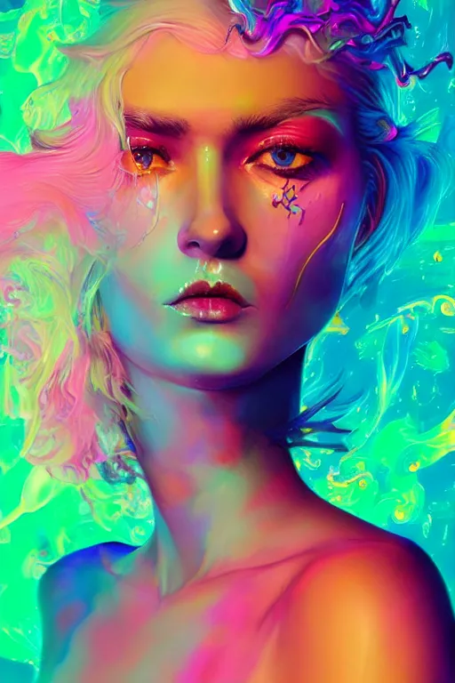 Image similar to a beautiful woman engulfed in colorful liquid clouds and neon smoke, extremely psychedelic experience, psilocybin, dmt, lsd, perfect face, synthwave, artstation, close - up, sharp focus, digital art, hana yata, and artem demura and beeple, lisa frank, cyberpunk, octane, unreal engine, 8 k