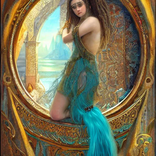 Prompt: artstation, intricate detail, portrait by gaston bussiere, tan skin, lady of elche, egyptian sumerian features, techno mystic dominatrix goddess princess intergalactica inanna with aqua neon rapunzel dreadlocks,