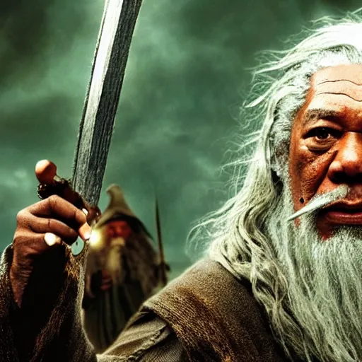 Image similar to Morgan Freeman as Gandalf the Grey fighting orcs, still from Lord of the Rings movie, detailed, 4k