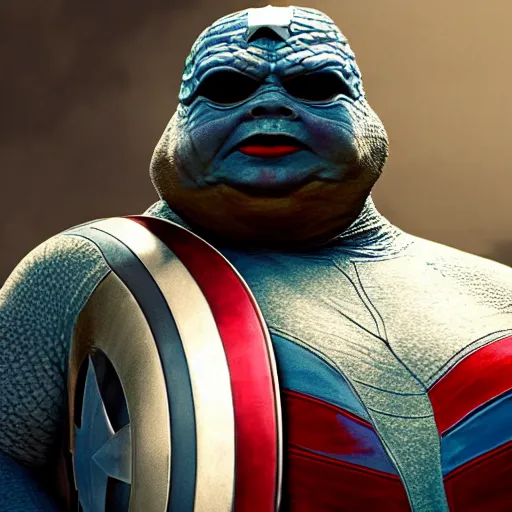 Prompt: Jabba the Hutt as Captain America, epic, movie still, photorealistic, cinematic, 8k,