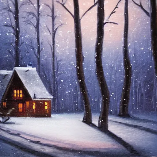 Prompt: snowy forest night scene icy cottage surrounded by the woods with one illuminated window, dark contrast oil painting