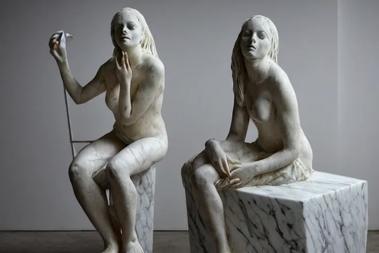 Image similar to a sculpture of a beautiful woman sitting on a chair, a white marble sculpture covered with floating wax by nicola samori, behance, neo - expressionism, marble sculpture, apocalypse art, made of mist