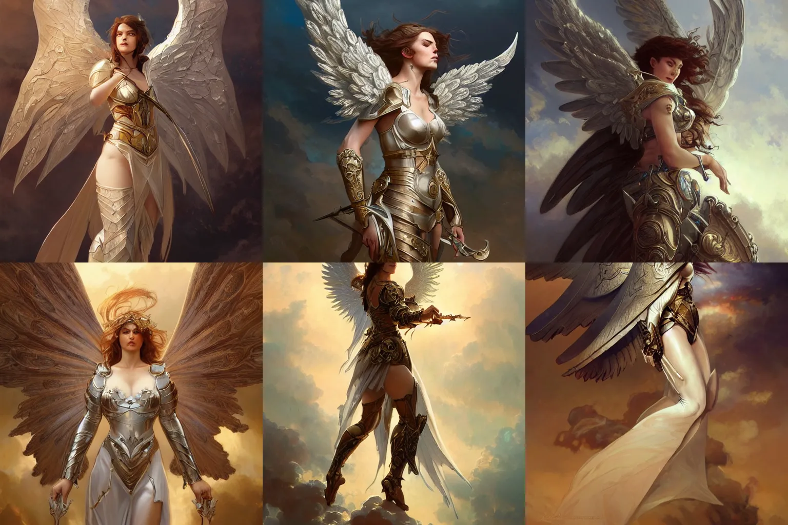 Prompt: A beautiful and fierce angel wearing battle armor and wings among heavenly clouds, intricate, elegant, highly detailed, digital painting, artstation, concept art, smooth, sharp focus, illustration, art by artgerm and greg rutkowski and alphonse mucha