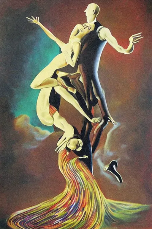 Image similar to optical illusion painting of a couple dancing in a worm hole, illusionism, look twice, mind blow, by damien gilley and salvador dali, detailed