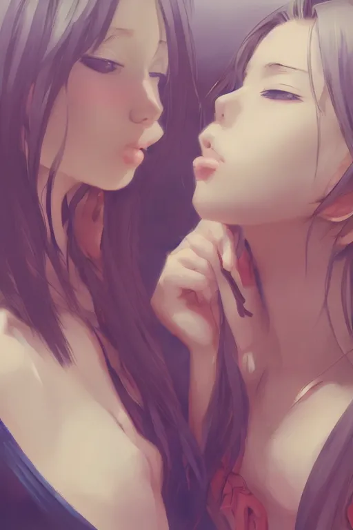 Image similar to portrait of two girls kissing, anime, drawn by WLOP, trending on Artstation