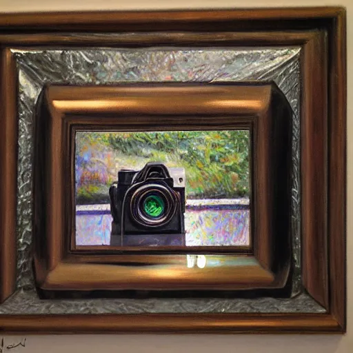 Image similar to camera taking a picture of its own broken lens through a mirror, hyper realistic painting, impasto by Angela Moulton, high quality reflections