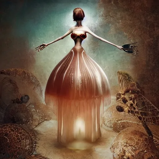 Prompt: medium shot of a brown woman wearing a luminous jelly fish armor. soft. fragile. by ray caesar. by louise dahl - wolfe. by andrea kowch. surreal photography