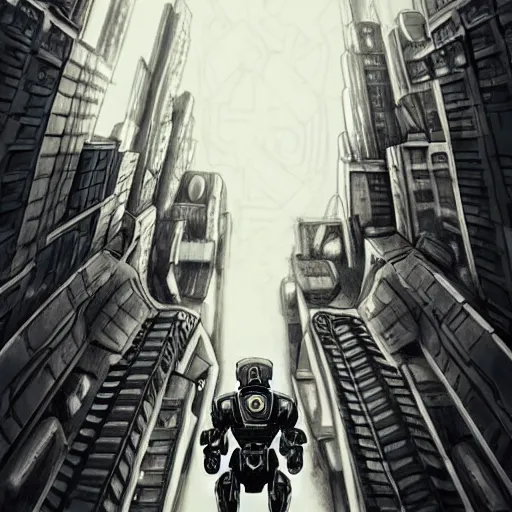 Prompt: cybernetic power armor running at an angle through a city drawn by Kevin siembada
