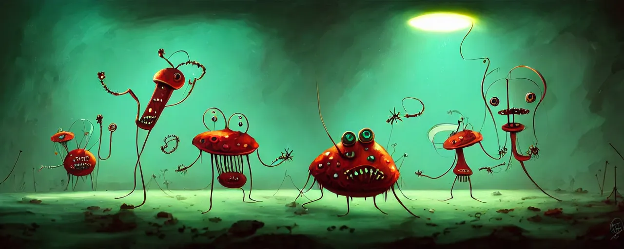 Image similar to wild whimsical plankton mutants from the depths of a wasteland deep in the imaginal realm, dramatic lighting, surreal fleischer cartoon characters, shallow dof, surreal painting by ronny khalil