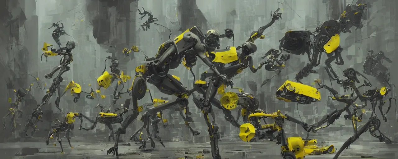 Prompt: duotone olive green grey illustration 3 / 4 portrait of gollum kun fu fighting with yellow boston dynamics robots. dynamic chaotic composition accidental renaissance golden ratio. by sachin teng and sergey kolesov and ruan jia and heng z. graffiti art, scifi, fantasy, hyper detailed. octane render. concept art. trending on artstation