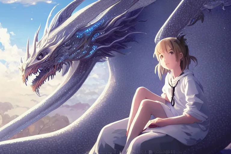 Image similar to a hyper detailed big render that a beautiful girl sitting surrounded by a huge silver white dragon alone in fairyland surrounded by white clouds, finely detailed angelic face, style of studio ghibli, makoto shinkai, xision, ilya kuvshinov and artgerm, kazuki tanahashi, james jean, animation style, golden curve composition, ultra wide angle