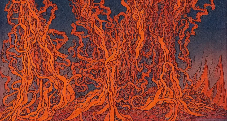 Image similar to a volcano made of ivory vines and crimson rocks enters in eruption, it spits a smoke in the shape of demonic eye, by Ivan Bilibin,