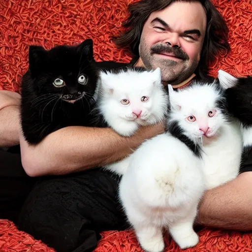 Image similar to jack black cuddling with kittens, hd