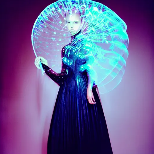 Image similar to fashion photography of a woman wearing an outfit inspired by a jellyfish, artistic photography, cinematic lighting, insanely detailed, chiaroscuro, cinestill 8 0 0 t, vogue magazine