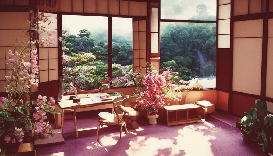 Image similar to 1 9 9 0 s candid 3 5 mm photo of a beautiful day in the a dreamy japanese flowery cottage designed by gucci, cinematic lighting, cinematic look, golden hour, a desk for flower arrangements and journaling has sun shinning on it through a window, temple in the distance, photographed by petra collins, uhd