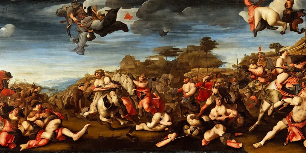 Image similar to renaissance-style painting of soldiers riding orcas on a battlefield in Italy, very dramatic atmosphere