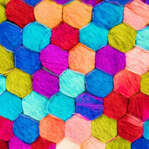 Image similar to hexagon pattern made of multicolour wool, photography, 4k, detailed, high saturation