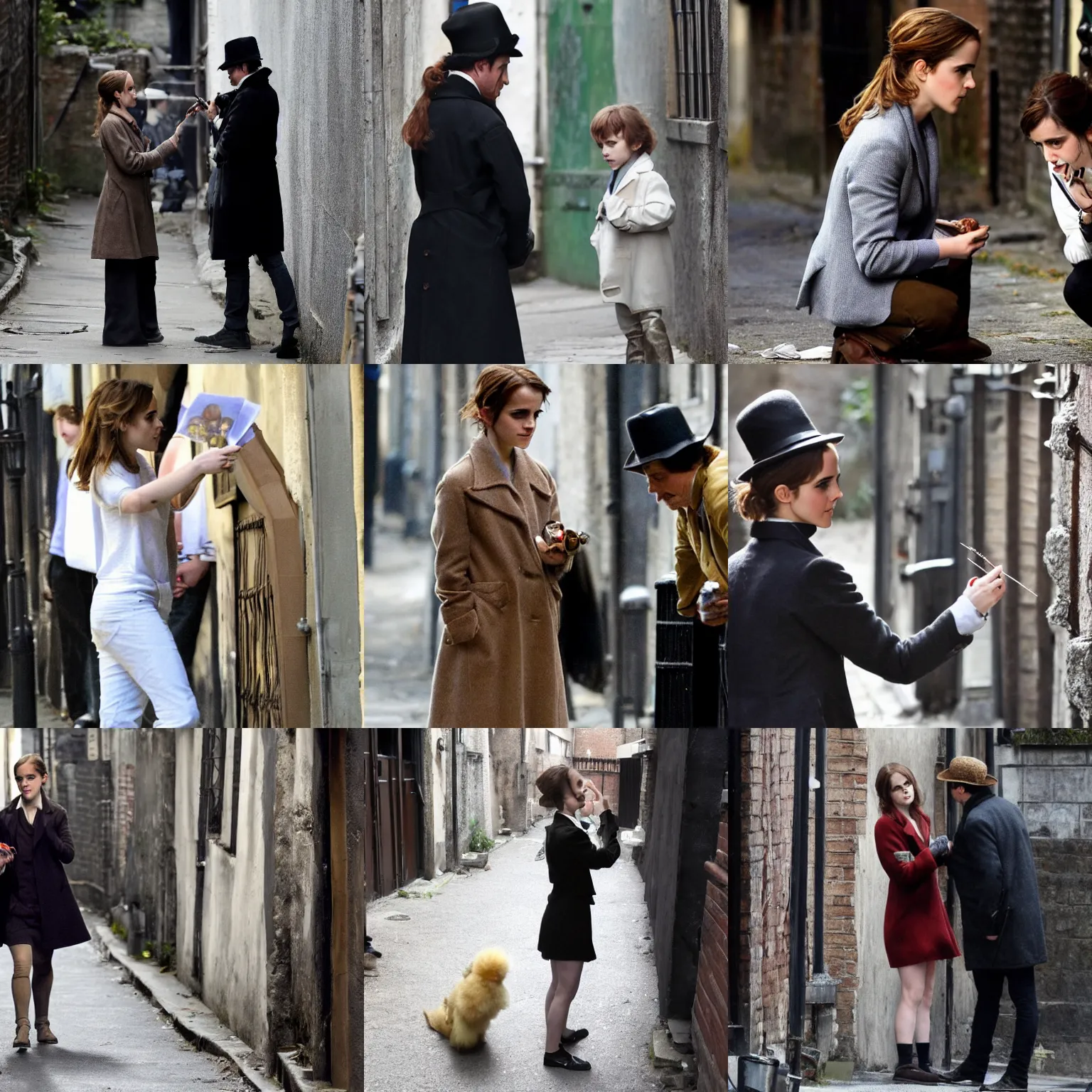 Prompt: Emma Watson as Sherlock Holmes inspecting a little creature in an alley