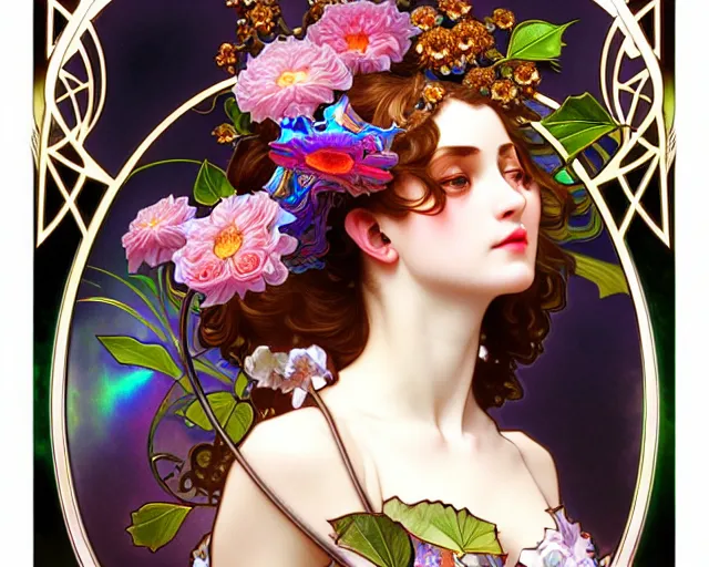 Image similar to overlord, rococo and art nouveau fusion, iridescent diaphanous refractive and reflective flower bouquet, tarot card, highly detailed, deep focus, elegant, digital painting, smooth, sharp focus, illustration, ultra realistic, 8 k, art by artgerm and alphonse mucha