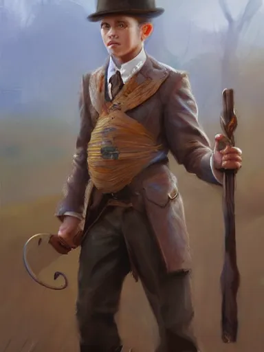 Prompt: a handsome young man, holding a adorned cane. walking in a rural area. intricate, elegant, highly detailed, digital painting, artstation, concept art, sharp focus, illustration, by justin gerard and artgerm, 8 k