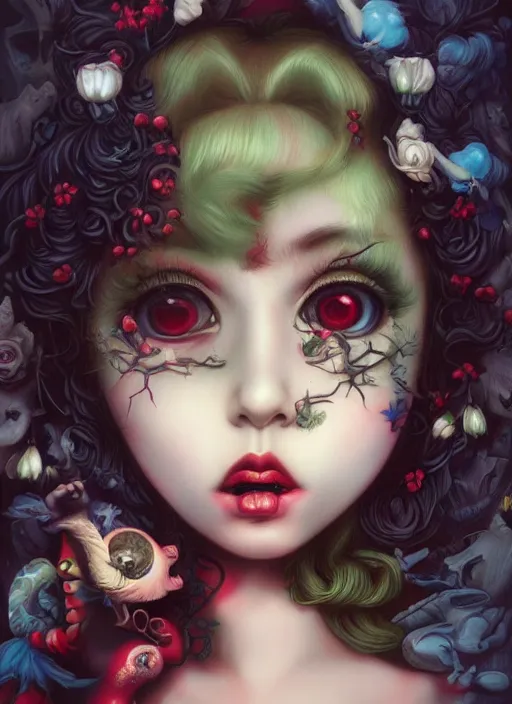 Image similar to pop surrealism, lowbrow art, realistic cute girl painting, japanese street fashion, hyper realism, vivid colours, rococo, natalie shau, loreta lux, tom bagshaw, mark ryden, trevor brown style,