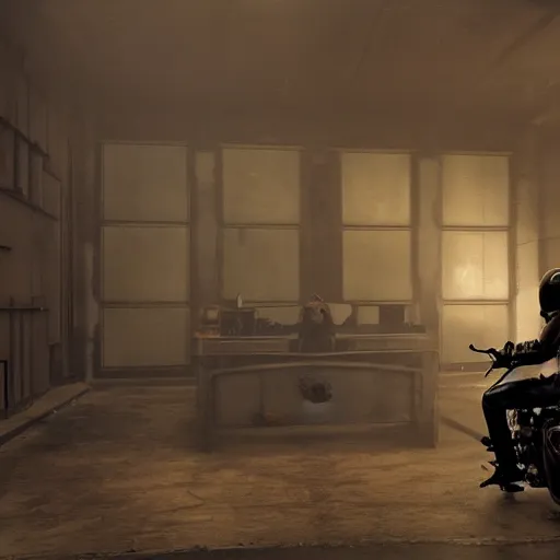 Image similar to a man sitting on a motorcycle in a room, a screenshot by giger, cg society, holography, reimagined by industrial light and magic, movie still, sci - fi