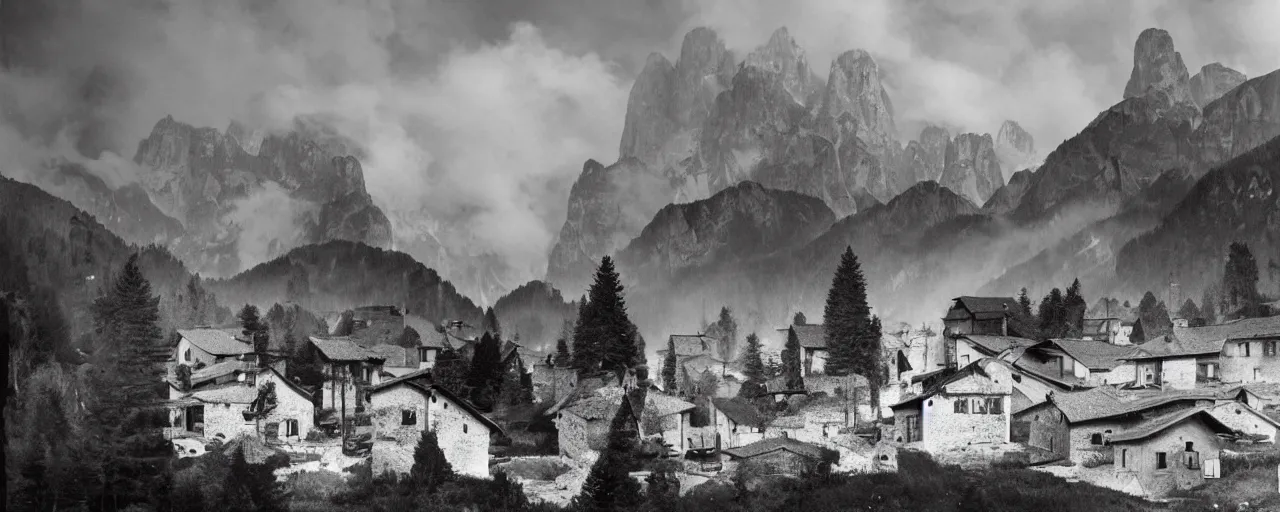 Image similar to 1920s black and white photography of an isolated old village with ghostly wood buildings in the dolomites, big tyrolean solstice fire