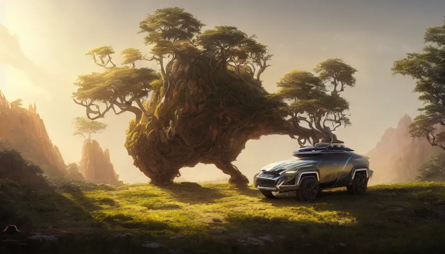 Image similar to a concept suv designed by apple driving through madagascar, artgerm and greg rutkowski and alphonse mucha, an epic fantasy, volumetric light, detailed, establishing shot, an epic fantasy, trending on art station, octane render, midsommar