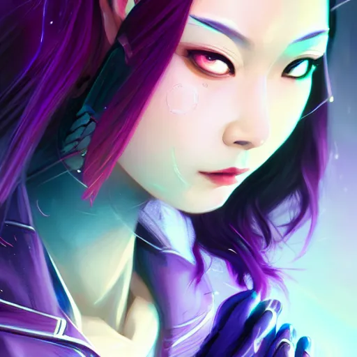 Image similar to a portrait of a young asian cyberpunk woman with dark purple hair, art by lois van baarle and loish and ross tran and rossdraws and sam yang and samdoesarts and artgerm and saruei and disney, digital art, highly detailed, intricate, sharp focus, trending on artstation hq, deviantart, unreal engine 5, 4 k uhd image