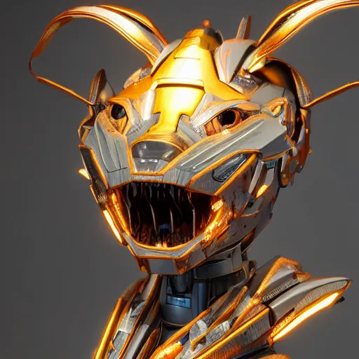Image similar to a highly detailed close-up bust, of an awe-inspiring beautiful cute humanoid anthropomorphic robotic mecha female dragon, with smooth and streamlined armor, standing and posing elegantly in front of the camera, well detailed head with two LED eyes, sharp teeth, two arms, digital art, artstation, DeviantArt, professional, octane render, sunset lighting