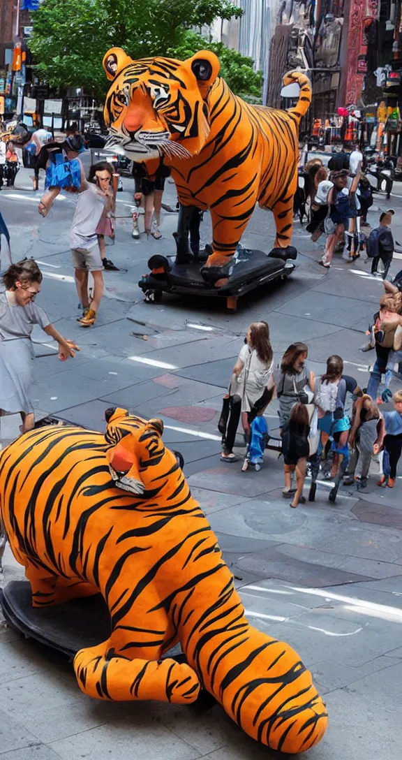 Prompt: a kiddie ride that looks like a tiger on the sidewalk in NYC